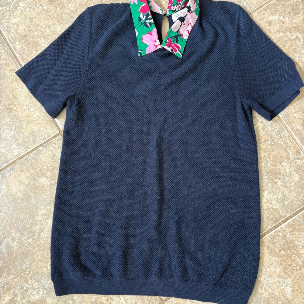 J. Crew Dark Blue Sweater with Floral Collar